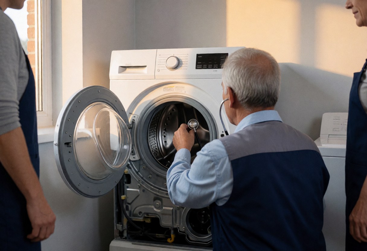 Technician using a stethoscope to diagnose a disassembled front-load washing machine in a service setting with gray walls and warm window light