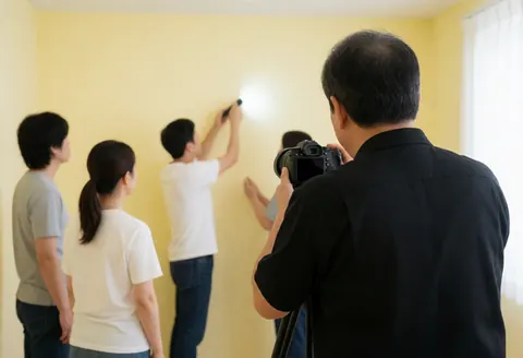 Photographer with camera on tripod captures clients drawing with flashlights on yellow wall during studio service