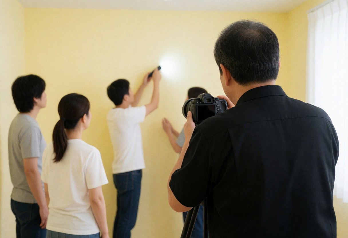 Photographer with camera on tripod captures clients drawing with flashlights on yellow wall during studio service