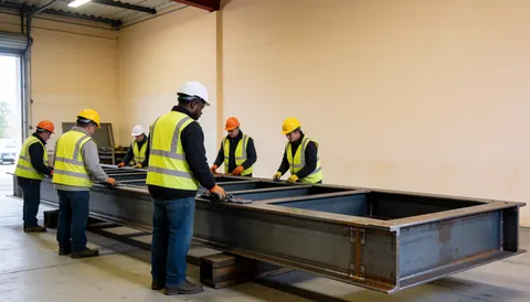 Workers in safety gear assemble a large steel structure in an industrial workshop ready for delivery