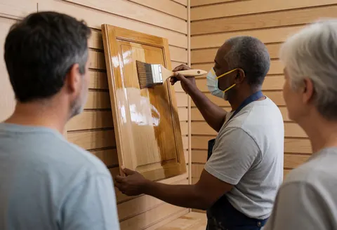 A carpenter wearing a mask applies varnish to a wooden door in a workshop while two people watch.