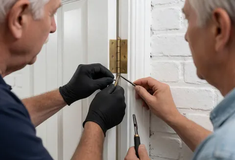 Close-up of a locksmith's hand using a tool to adjust bronze hardware on a white door against a white brick wall.