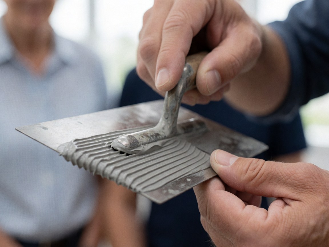 Close-up of a hand using a metal trowel to spread gray adhesive for cork flooring installation