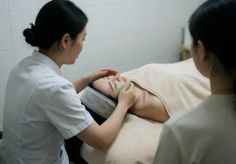 Therapist spreads green gel mask on client's face during facial treatment in spa with white tiled walls