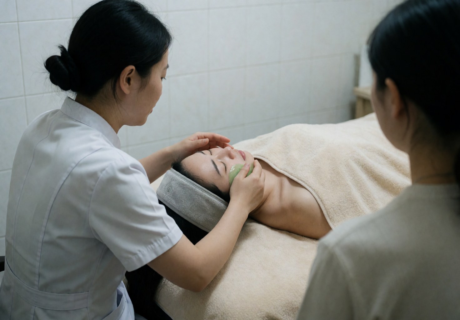 Therapist spreads green gel mask on client's face during facial treatment in spa with white tiled walls