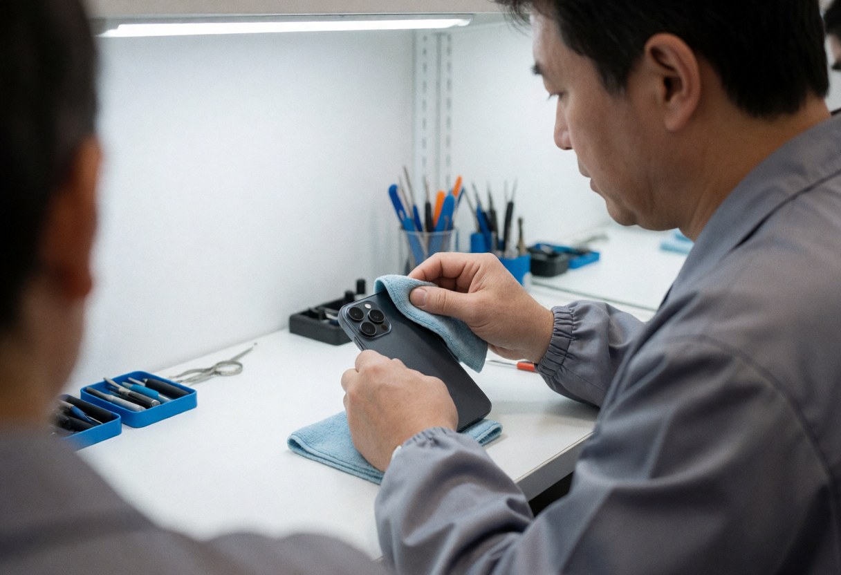Technician cleaning a black phone lens with a microfiber cloth on a white table with organized tools nearby