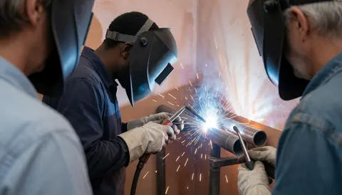 Welder working on steel pipes with sparks flying in a workshop