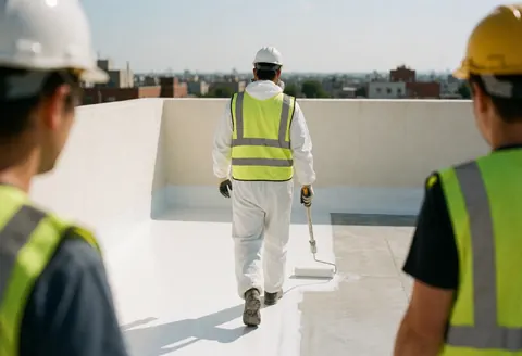 Worker applying white paint to roof with roller while two colleagues observe the roof repair service