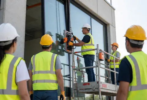 Workers on scaffolding install a large glass panel on a modern facade, wearing helmets and reflective vests.