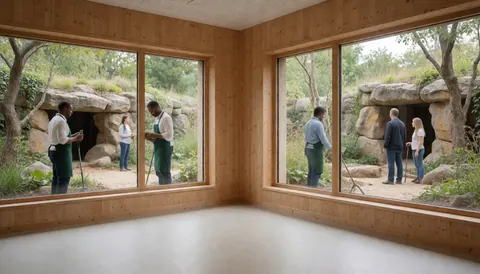 Workers wearing aprons stand by a large window overlooking a zoo with stone structures and natural vegetation.