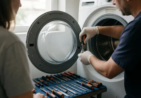 Technician wearing gloves repairing the door of a disassembled washing machine with tools on a blue board in a well-lit workshop