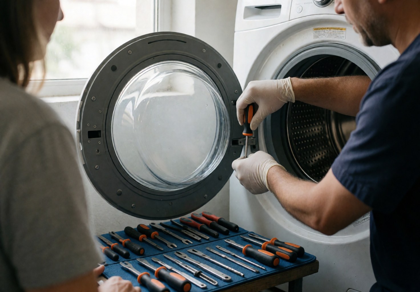 Technician wearing gloves repairing the door of a disassembled washing machine with tools on a blue board in a well-lit workshop