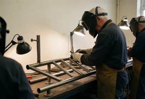 Three welders wearing helmets and aprons assemble a metal railing in a workshop with work lights, showing the manufacturing process.