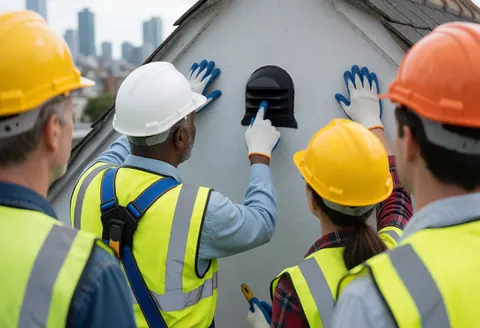 Workers wearing hard hats and safety vests inspecting a damaged roof fan on a residential home with an urban background.