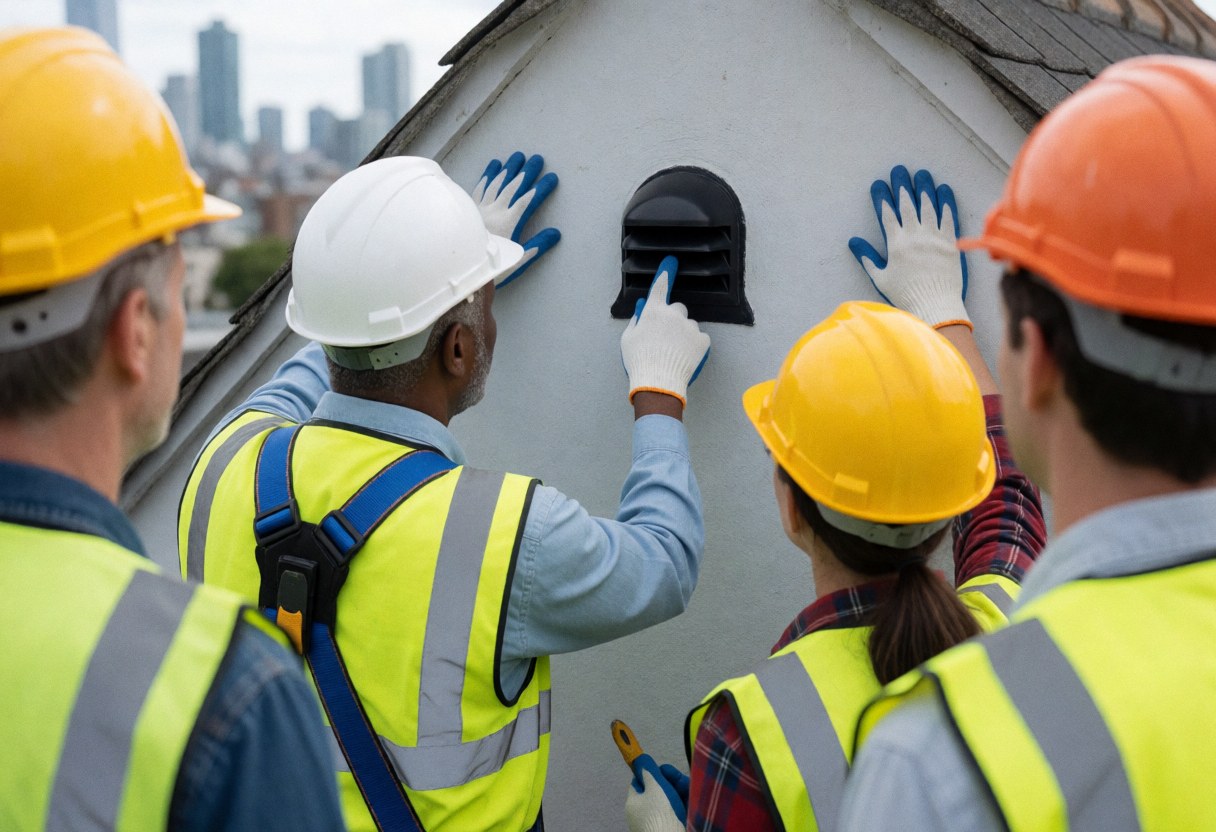 Workers wearing hard hats and safety vests inspecting a damaged roof fan on a residential home with an urban background.