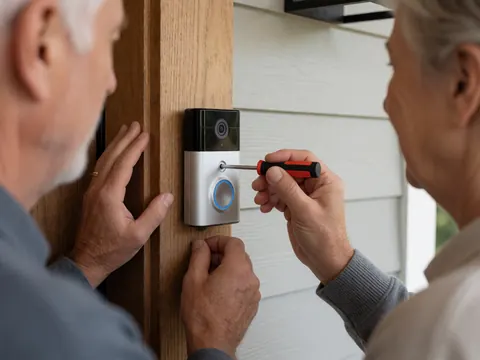 Technician secures a security camera to a wooden column using a screwdriver under natural light.