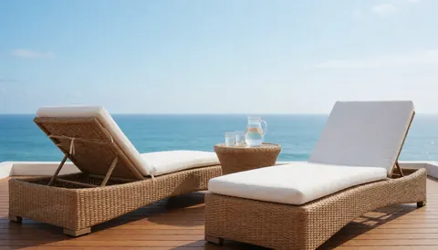 Two wicker beach loungers with white cushions on a wooden deck overlooking the sea, perfect for a beach club setting.