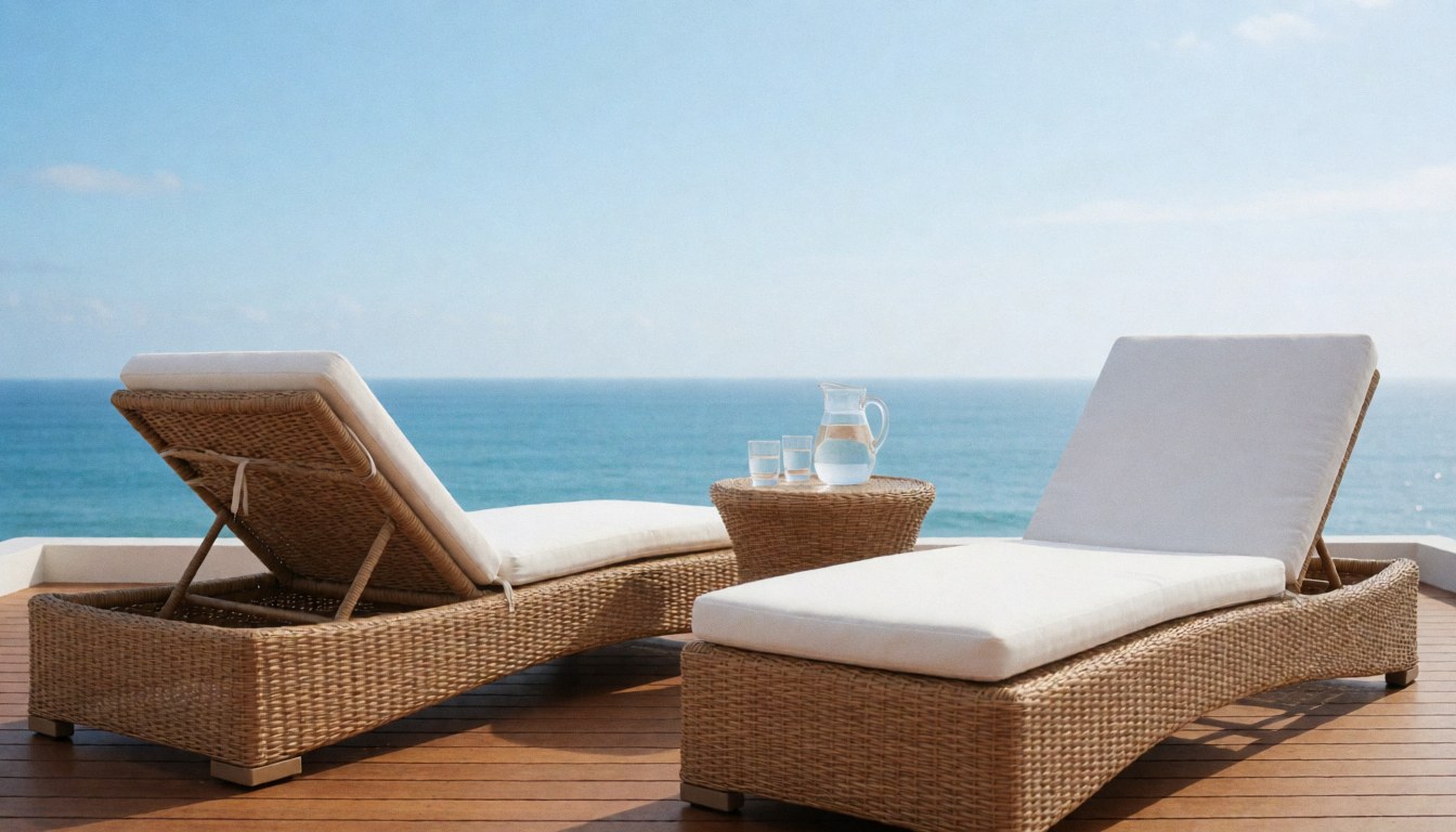 Two wicker beach loungers with white cushions on a wooden deck overlooking the sea, perfect for a beach club setting.