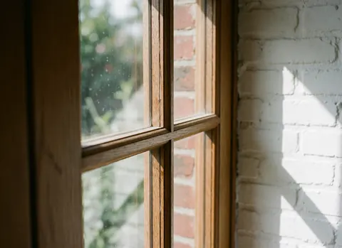 Close-up of wooden window muntins with sunlight, white brick wall, ideal for window installation business details.