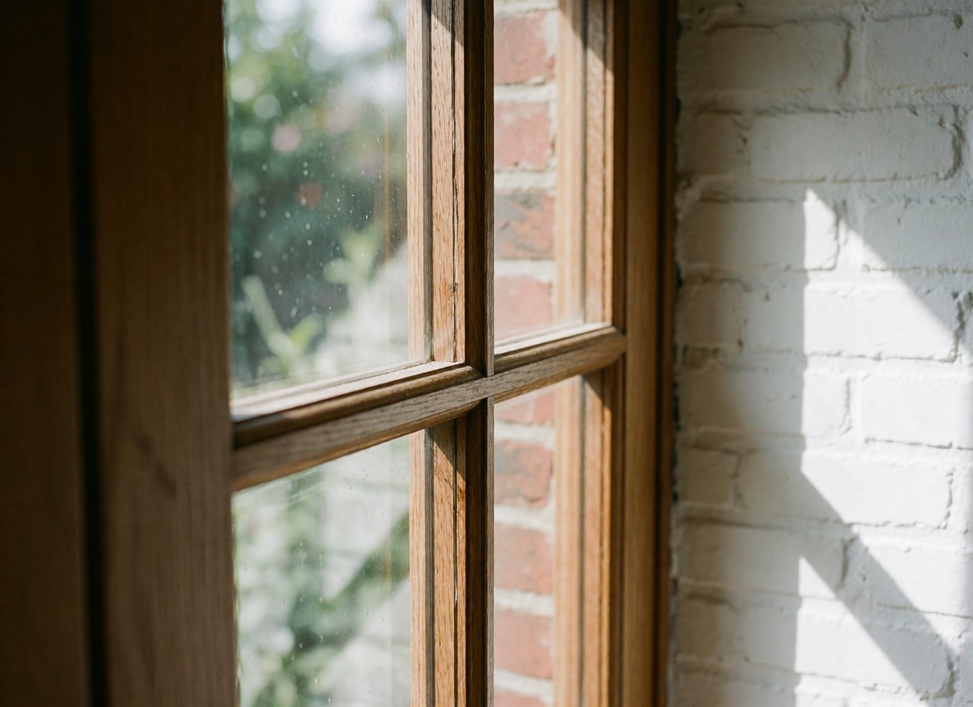 Close-up of wooden window muntins with sunlight, white brick wall, ideal for window installation business details.