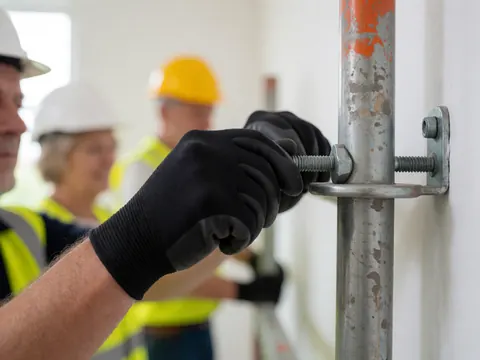 Close-up of a gloved hand tightening a screw on metal scaffolding against a white wall.