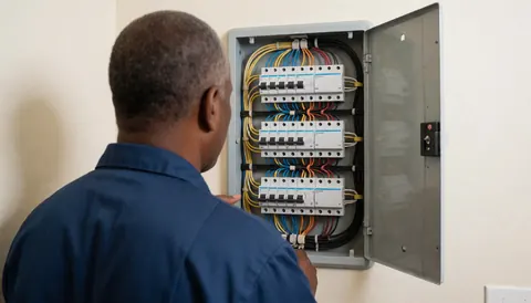Electrician inspecting an open electrical panel with organized wires and switches against a white wall.