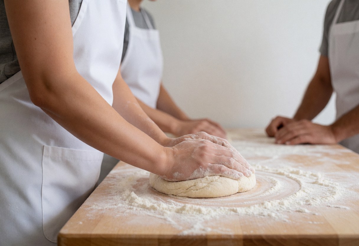 Hands kneading dough on a wooden board with flour, white walls, cooking workshop scene