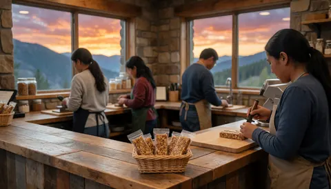 Workers preparing snacks in a mountain hut kitchen with a view of mountains at sunset