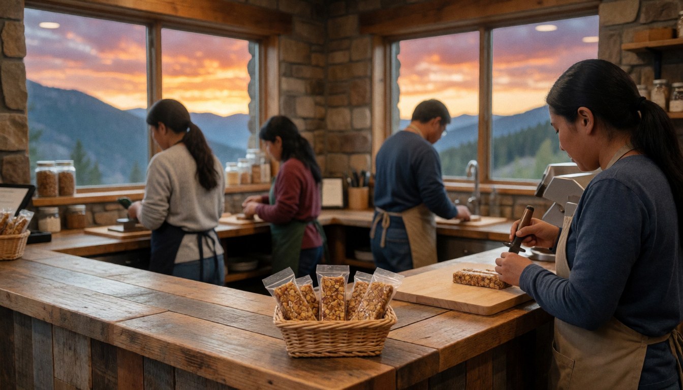 Workers preparing snacks in a mountain hut kitchen with a view of mountains at sunset