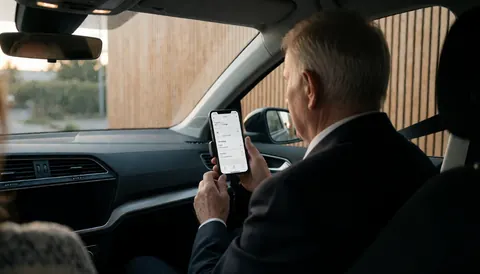 Driver inside a modern car interior with sunset light checks the ride-hailing app on a smartphone screen during a trip.