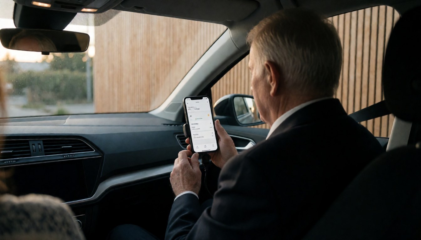 Driver inside a modern car interior with sunset light checks the ride-hailing app on a smartphone screen during a trip.