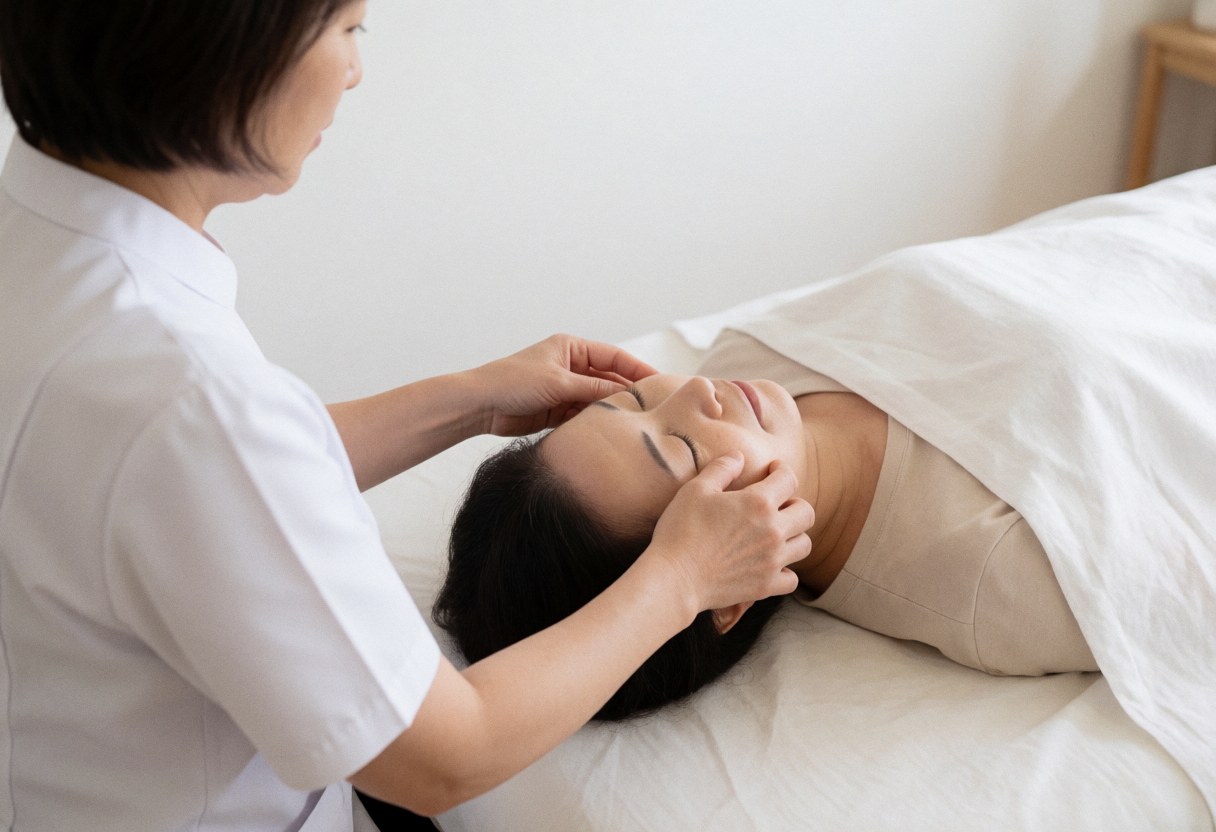 Shiatsu practitioner applying gentle hand pressure to a client's face during a relaxing facial massage session.