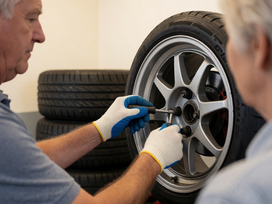 Close-up of hands using an impact wrench to tighten lug nuts on a car wheel, with a stack of tires and white walls in the background of an auto repair shop.