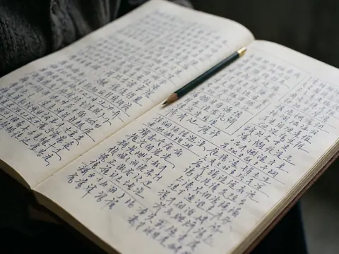 Close-up of a notebook with handwritten text and a pencil resting on cream-colored paper, ideal for writers and novel planning.