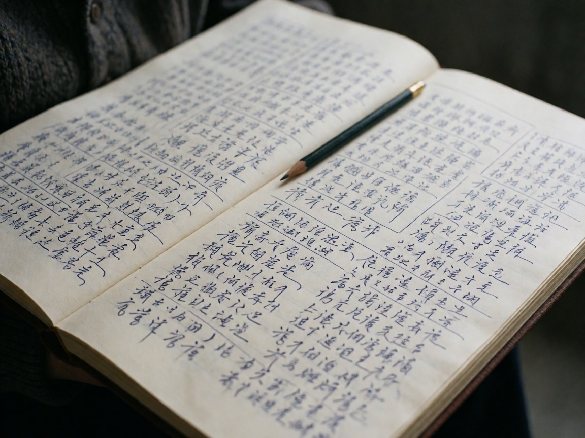 Close-up of a notebook with handwritten text and a pencil resting on cream-colored paper, ideal for writers and novel planning.
