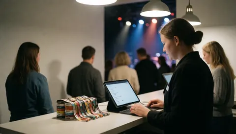 Entertainment center reception area featuring access ribbons and a tablet on the desk with stage lights in the background