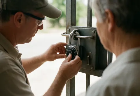 A technician wearing safety glasses adjusts a combination lock on a metal door while a customer watches closely nearby.