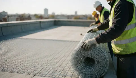 Workers wearing hard hats and safety vests place galvanized steel mesh on a commercial building roof under a clear sky.