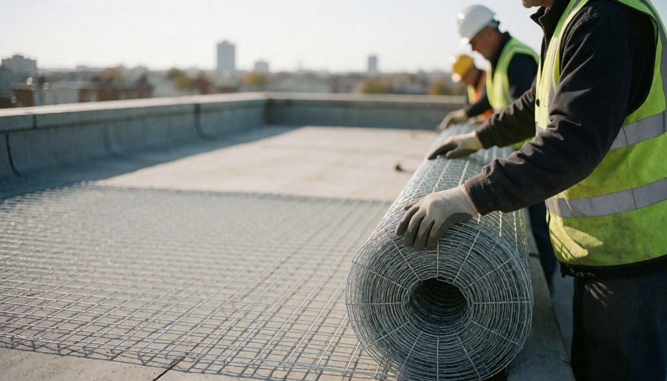 Workers wearing hard hats and safety vests place galvanized steel mesh on a commercial building roof under a clear sky.