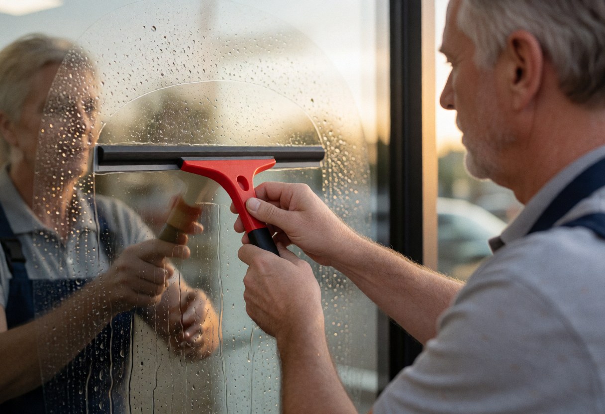 Glass installer cleaning a window with a red squeegee, water droplets, golden light, visible reflection