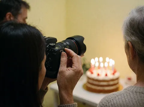 A hand adjusts the focus ring on a dslr camera pointed at a birthday cake with lit candles against a yellow wall.