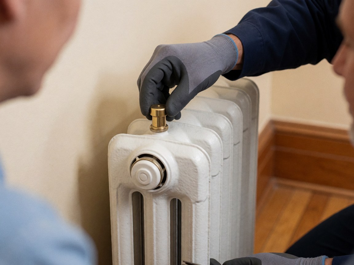 A technician wearing a glove adjusts a white radiator valve mounted on a beige interior wall during a heating repair service.