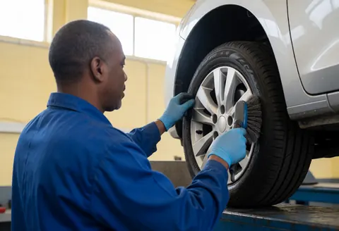 A mechanic wearing blue gloves cleans an aluminum car wheel with a brush in a tire shop, highlighting the shine of the clean metal.