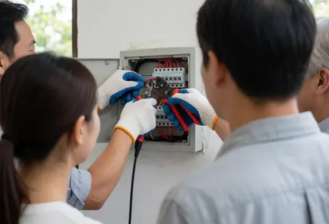 Close-up of a hand wearing an insulating glove connecting a red wire to an open electrical panel during a service call.