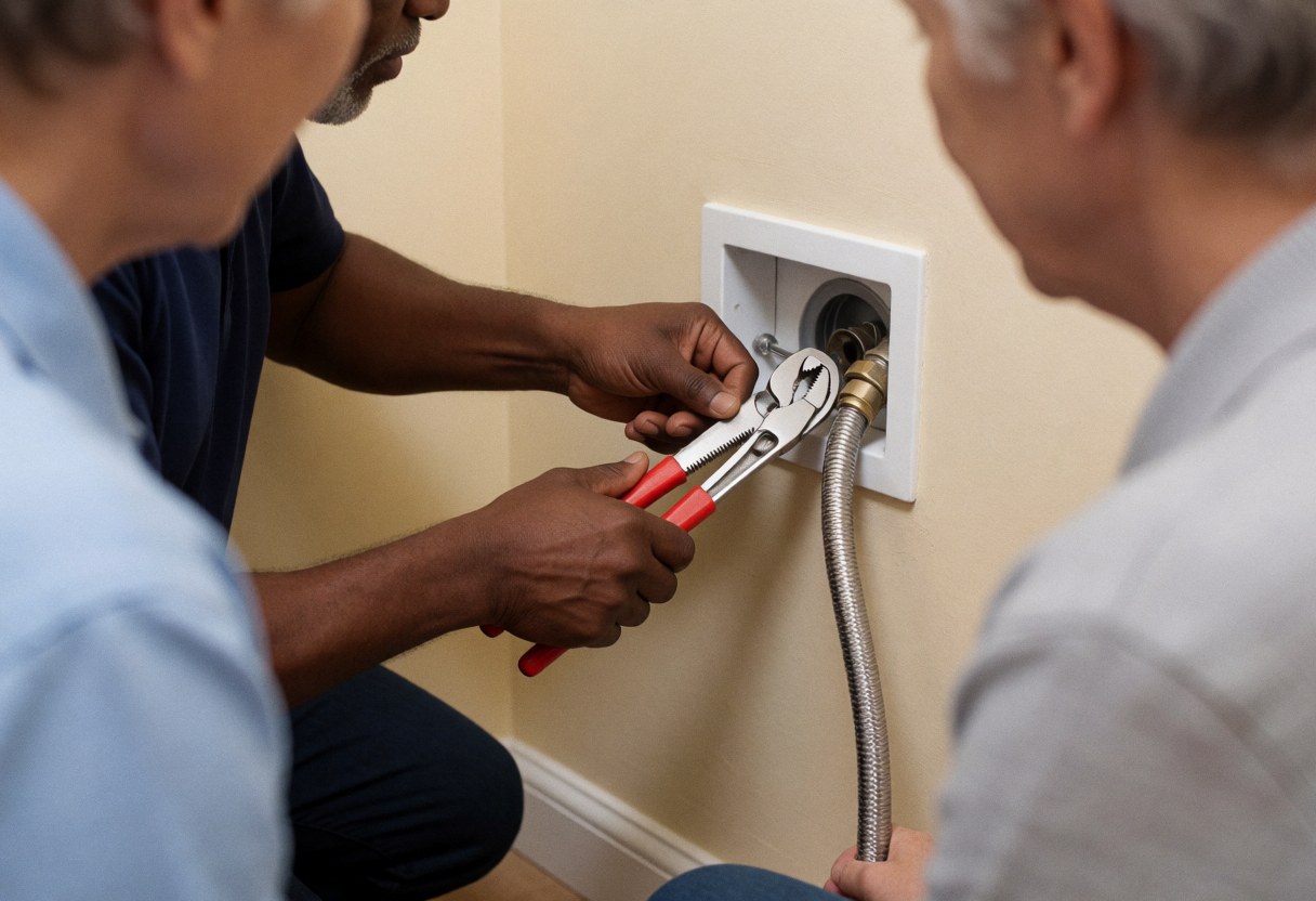 Technician using pliers to adjust a flexible metal pipe on a beige wall during a washing machine repair service.