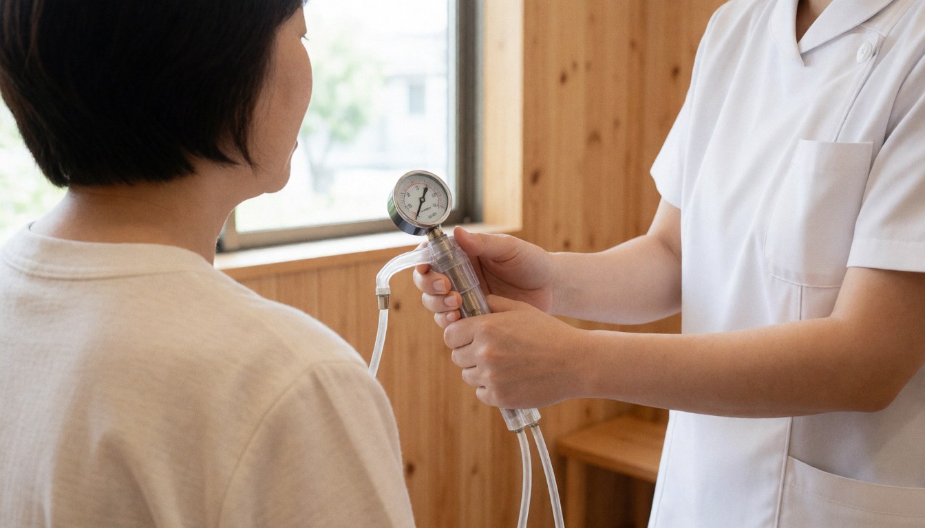 Therapist in white uniform performing cupping massage on a client's shoulder with natural light and wooden walls