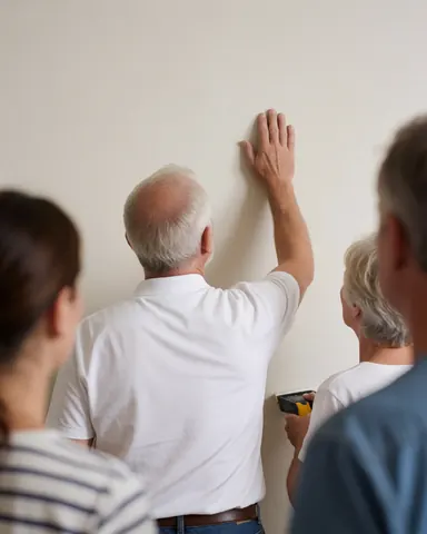 A happy customer runs their hand over a smooth, freshly painted wall to check the finish while others observe the work.