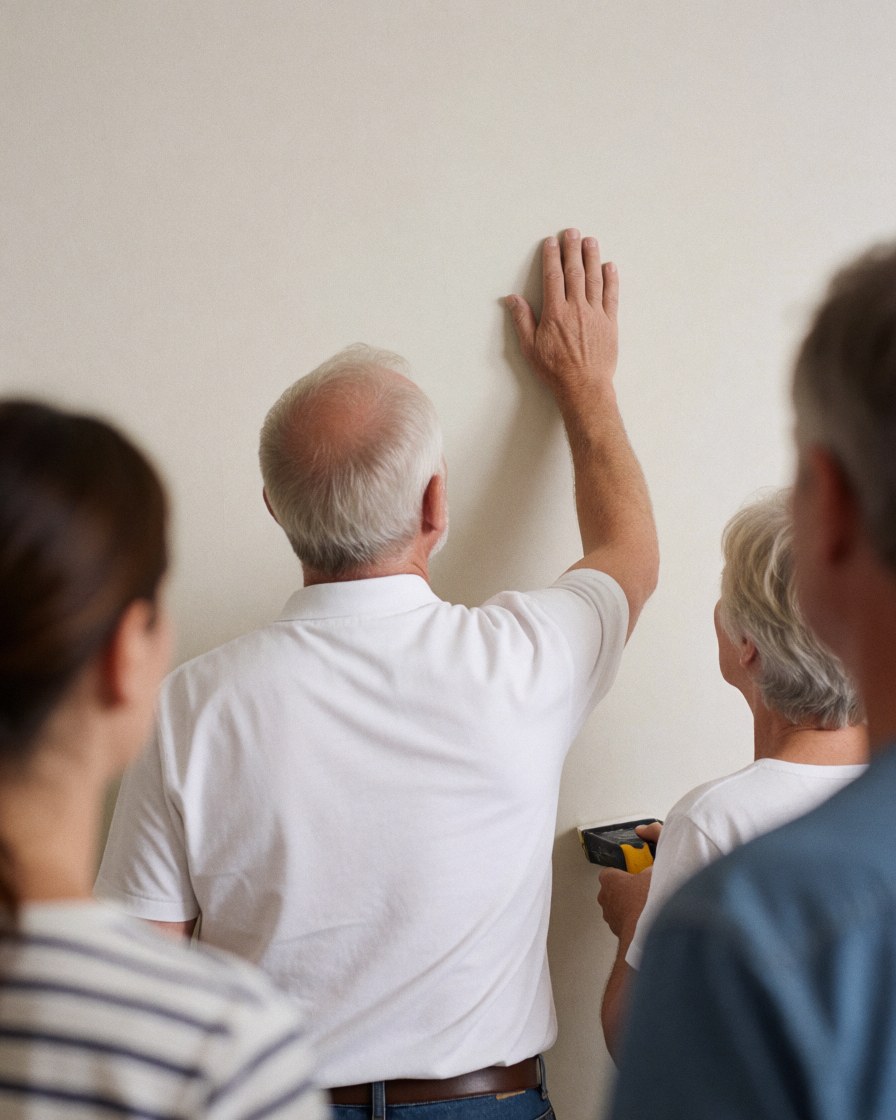 A happy customer runs their hand over a smooth, freshly painted wall to check the finish while others observe the work.