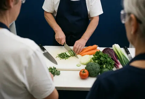 Instructor slicing cucumber in cooking class with students watching, blue walls and fresh vegetables on cutting board.