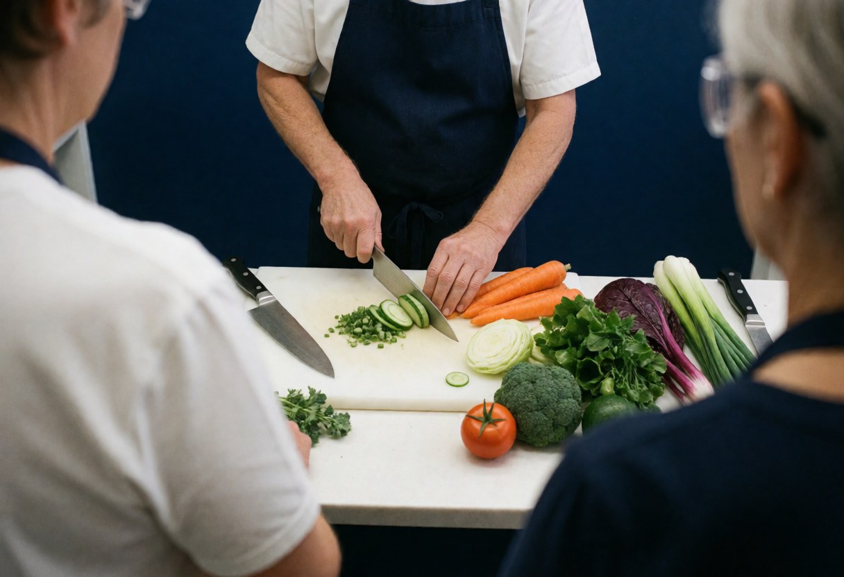 Instructor slicing cucumber in cooking class with students watching, blue walls and fresh vegetables on cutting board.